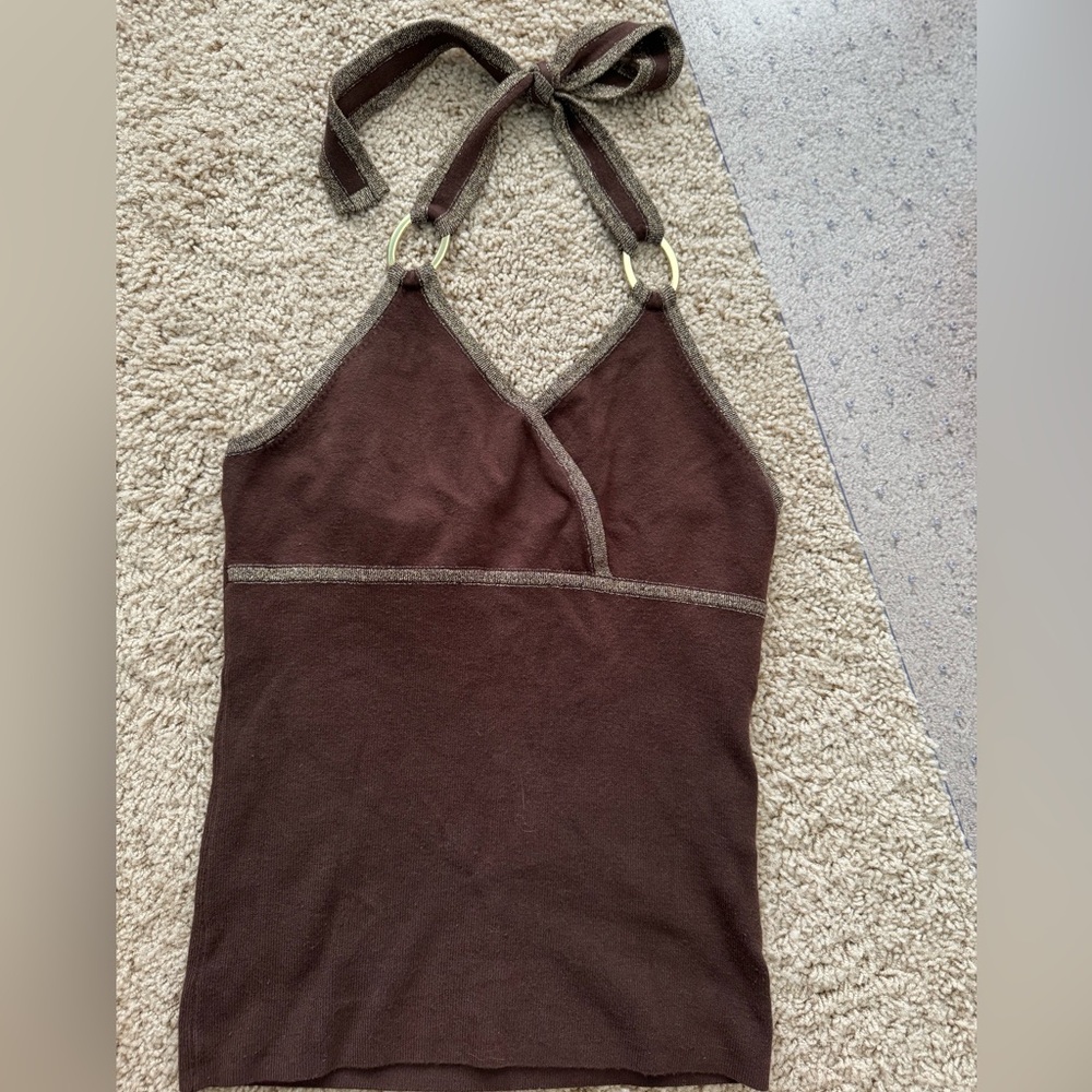 Cache brown with gold glittering edge throughout high stretch knit top sz M